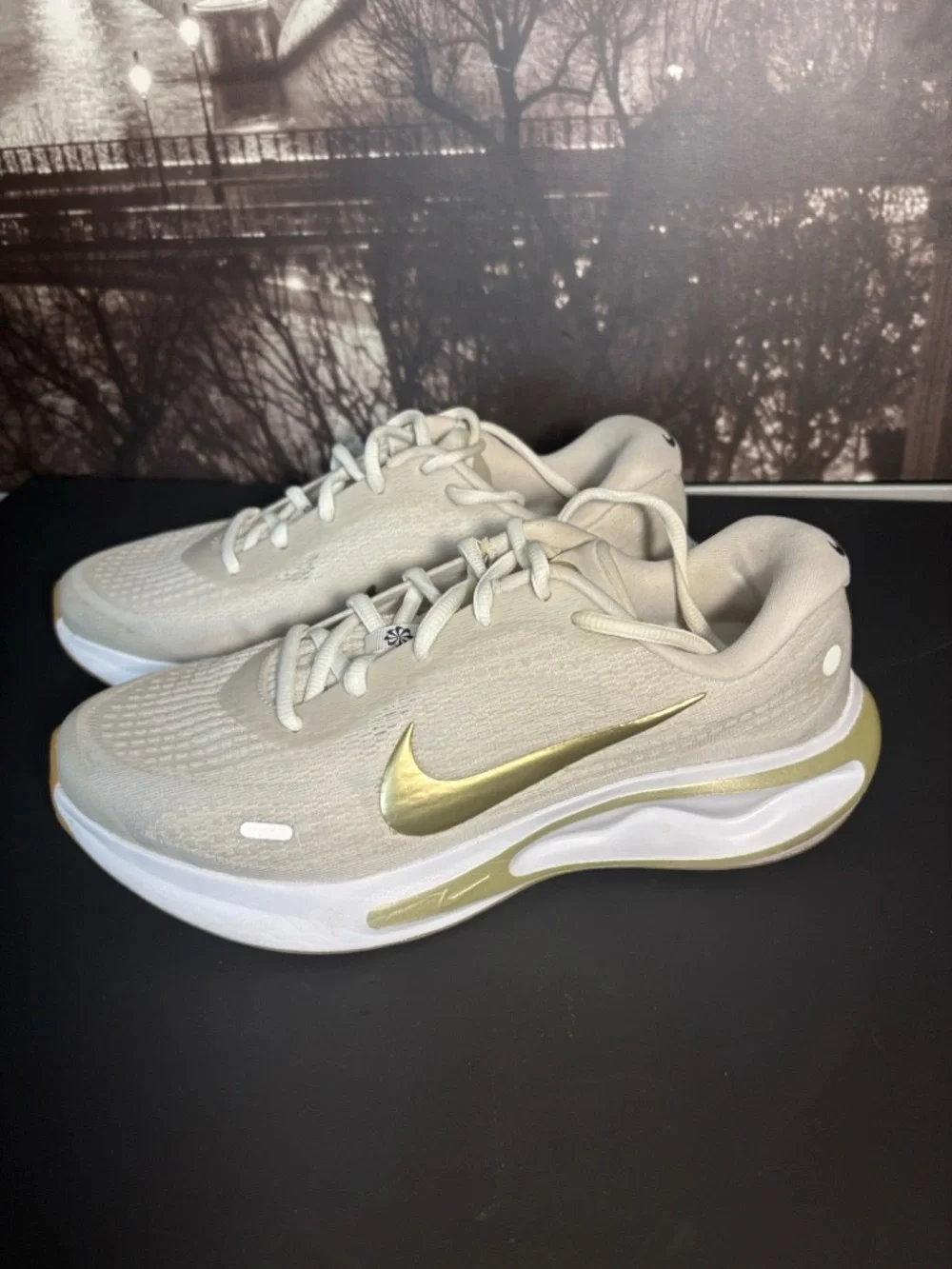 Nike ivory Knit Sneakers with Gold Swoosh - Picture 7 of 8